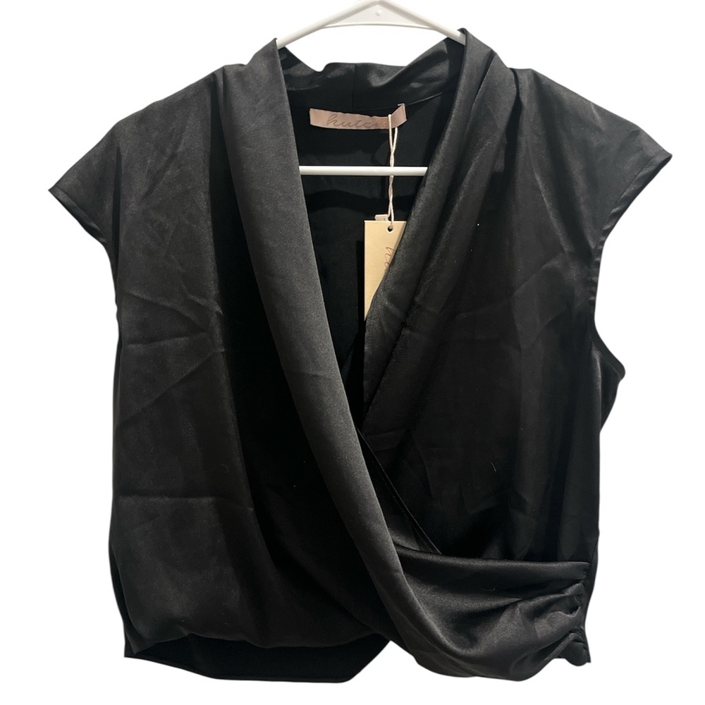 New Hutch Anthropologie Small Black Satin Capsleeve Wrap Blouse
